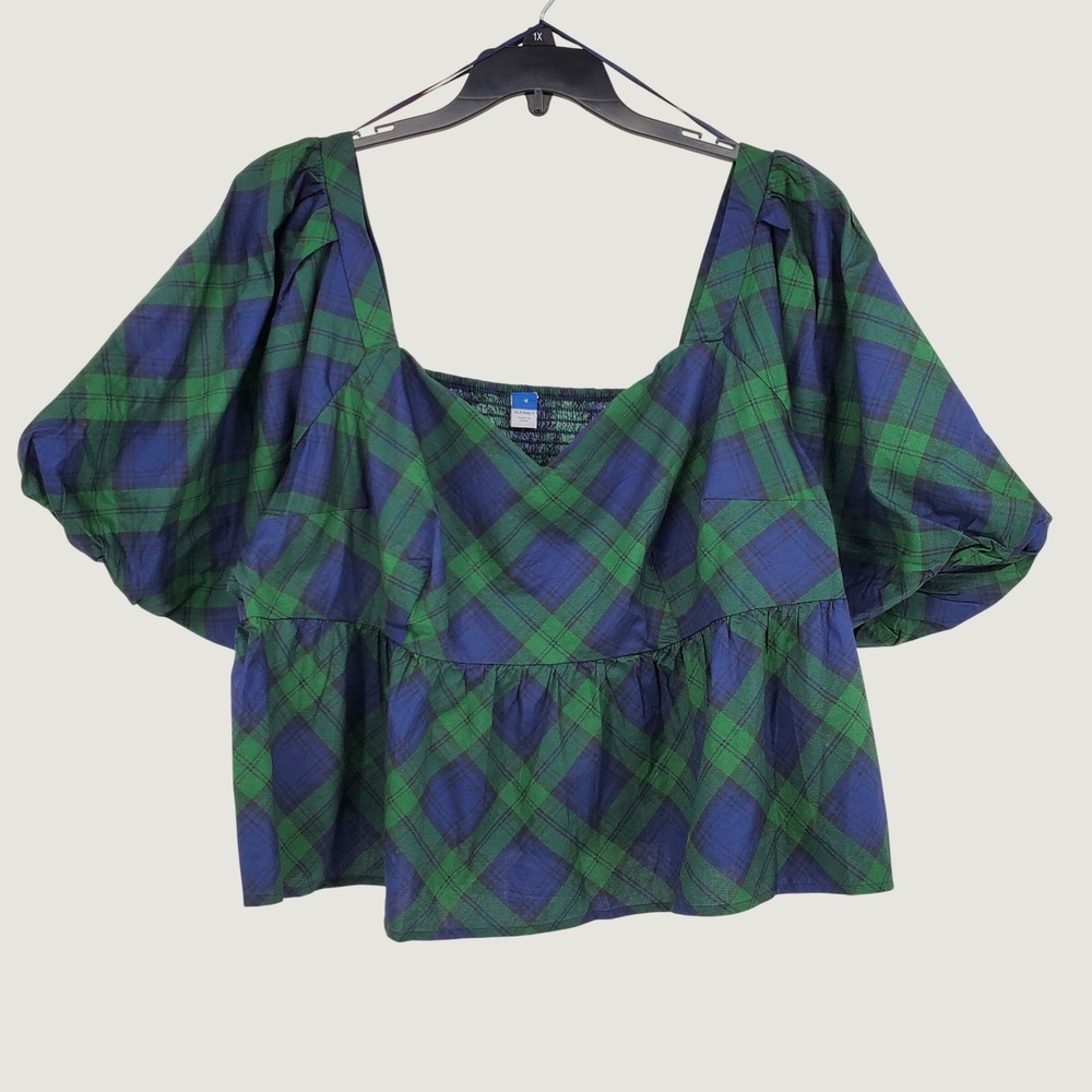 Old‎ Navy Womens 4X Blue Green Plaid Puff Sleeve Peplum Smocked Top 100% Cotton